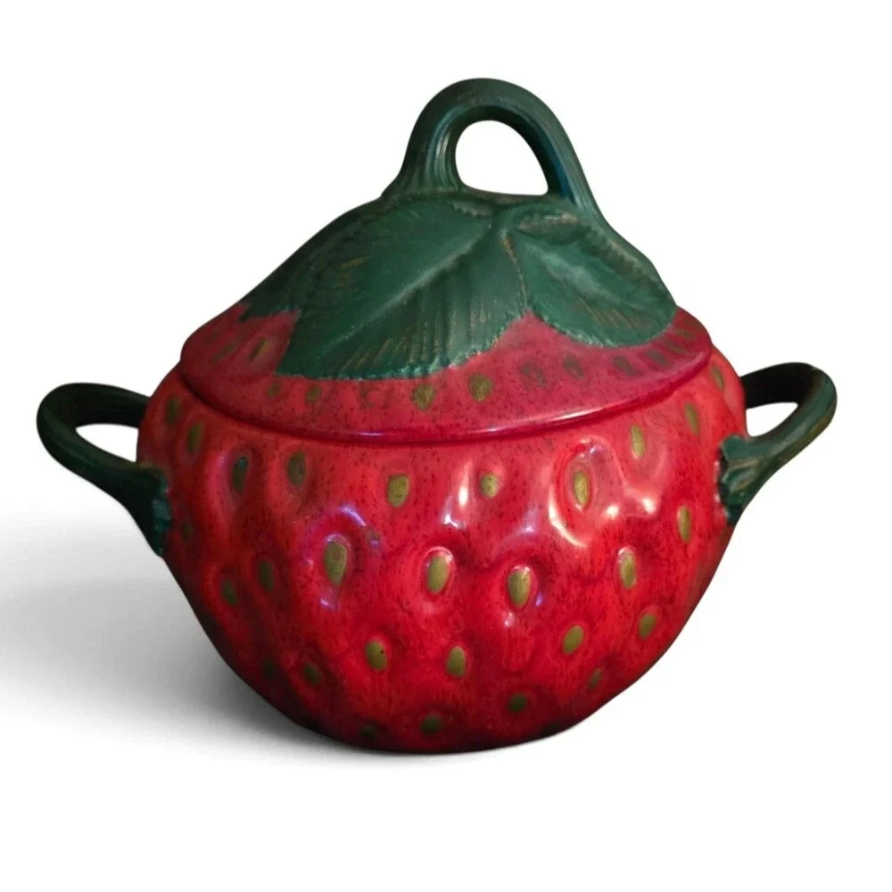Vintage 1970s Ceramic Strawberry  Serving Bowl Cookie Jar w/ Lid 11